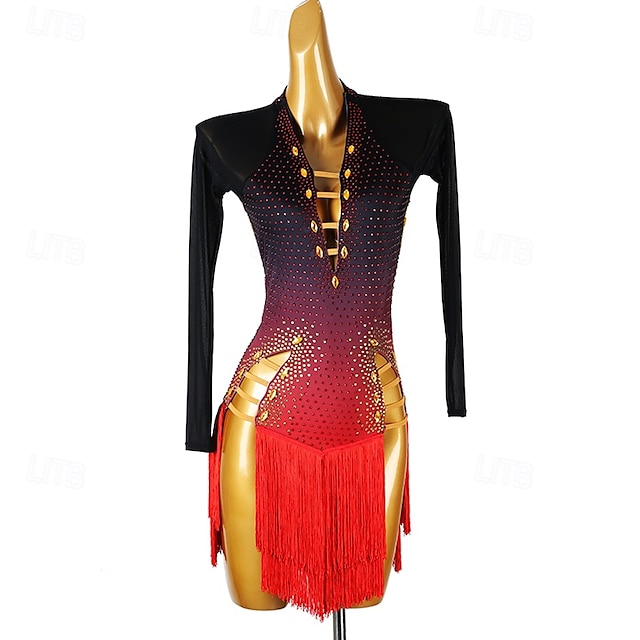  Vestido de dança latina com borlas e strass, vestidos de competição de salsa com manga comprida para mulheres, roupas de dança rumba