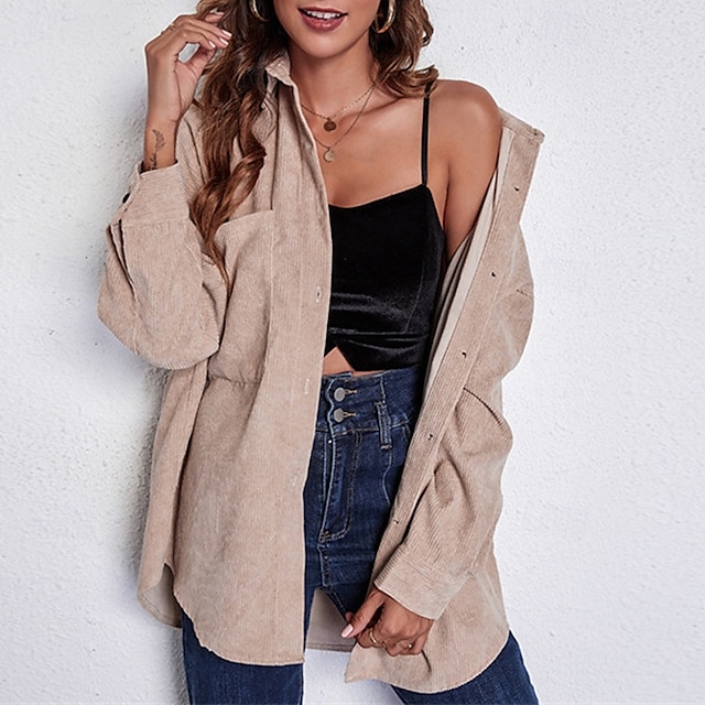  Dames Overhemd Effen Dagelijks Stijlvol Basic Lange mouw Overhemdkraag Normale tops Werk Dagelijks Feestdagen Knop Khaki Lente Herfst