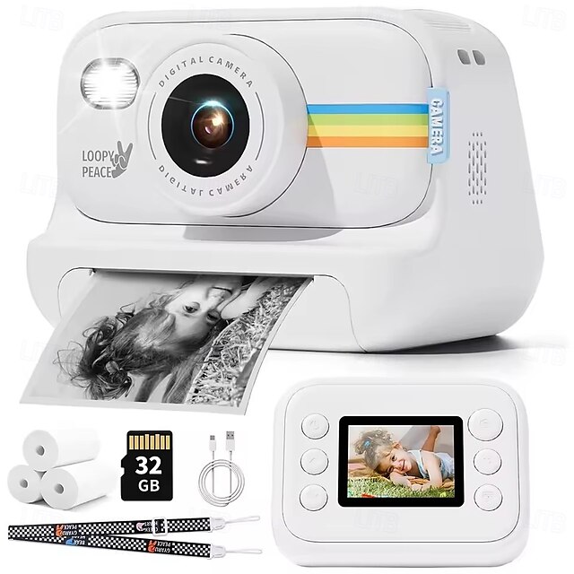 Appareil photo instantané pour enfants, 1080p HD, écran 2 pouces, zoom vidéo, photo, 32 Go, cadeaux d'anniversaire, jouets numériques