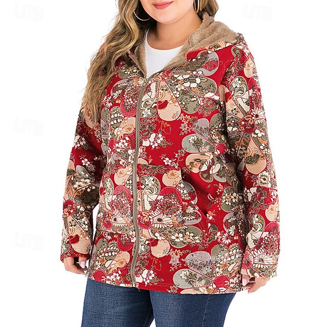 Women's Fleece Jacket Coat Hoodie Jacket Warm Comfortable Zipper Pocket Fashion Modern Casual Floral Going out Weekend Zipper Regular Hooded Regular Fit Long Sleeve Outerwear Red Winter4