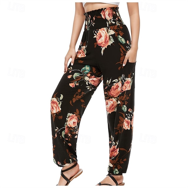  Femmes Pantalons Droit Mode Streetwear Longueur complète Taille haute Imprimé Fleur Taille Élastique Respirant Confortable Micro-Élastique Rue Tenue quotidienne Sortir Rose Orange Été Printemps Coupe