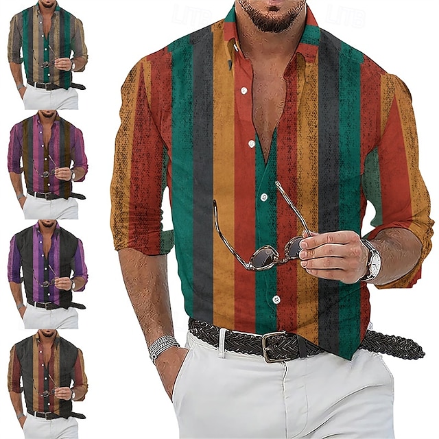  Per uomo Camicia Camicia Estiva Camicia casual Camicia da Spiaggia Camicia con Bottoni Verde chiaro Rosa Rosso Viola Verde Manica Lunga A righe Bavero Vacanza Camicia hawaiana Abbigliamento Poliestere