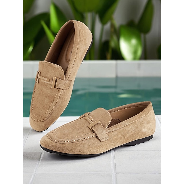  Women's Tan Suede Loafers with Metal Buckle, Classic Slip-On Flats for Casual Dates and Everyday Wear