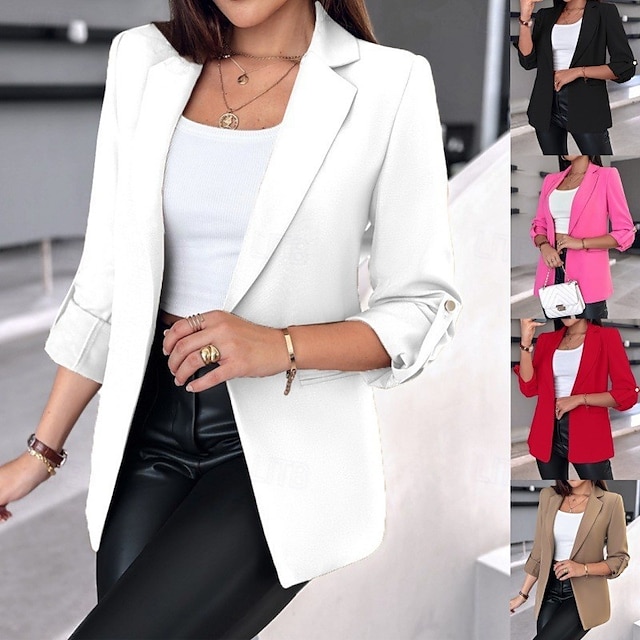  Women's Blazer Breathable Comfortable Pocket Casual Plain Office Street Casual Daily Wear Open Front Regular Turndown Regular Fit Long Sleeve Outerwear Black White Pink Summer