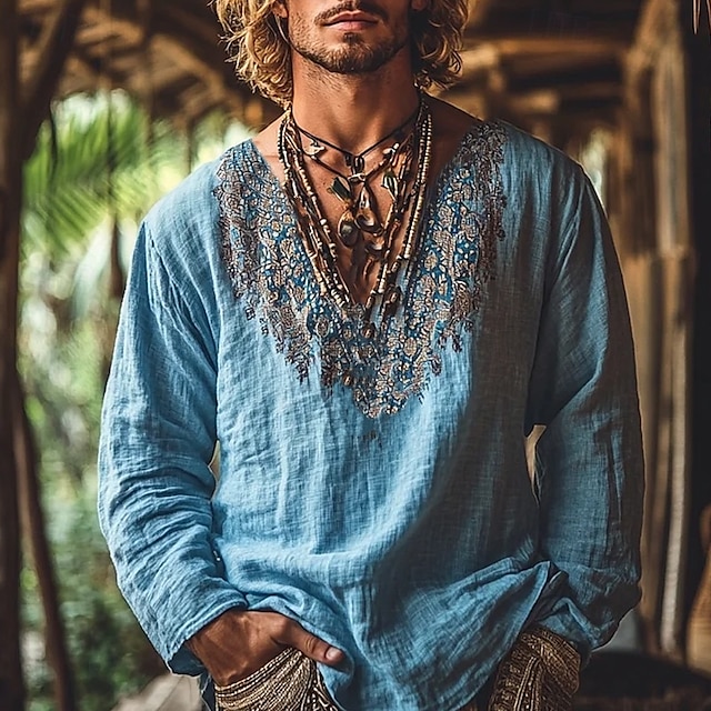  Herren Hemd Leinenhemd Wikinger-Stil Popover-Hemd Sommerhemd Strandbekleidung Einfach Urlaub Straße Blau Langarm V Ausschnitt Sommer Frühling Bekleidung