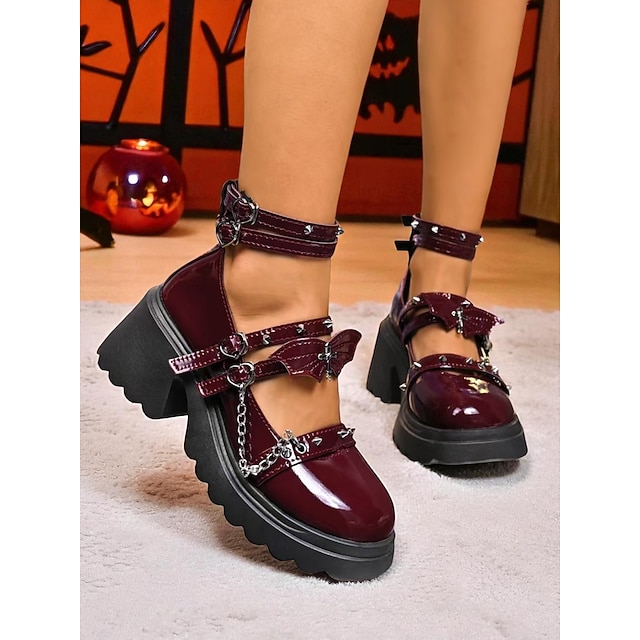  Zapatos Mary Jane de plataforma gótica para mujer: tacones gruesos de charol marrón con cadenas y tiras con tachuelas para Halloween, cosplay y atuendos punk rock.