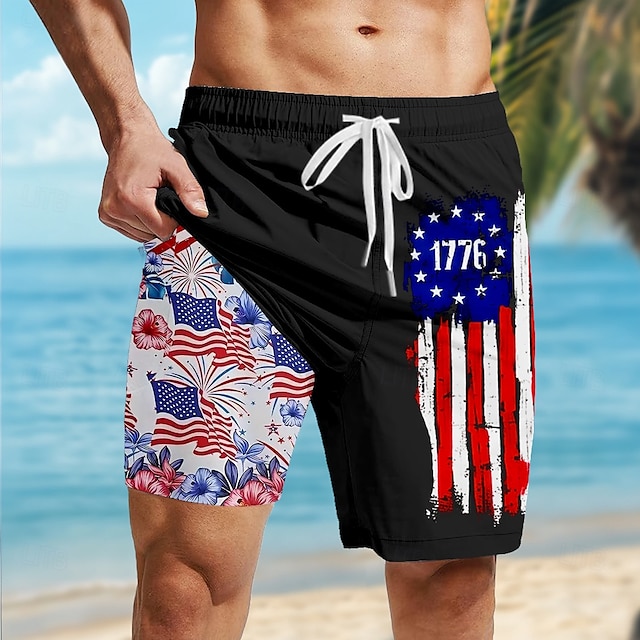  Independence Day Men's US Flag Patriotic 1776 Lined Shorts 2 in 1 Board Shorts Swim Trunks Mid Waist Holiday Side Pockets With Compression Liner Elastic Drawstring Waist Designer Clothing Apparel