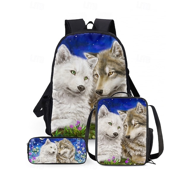  3-teiliges Rucksackset mit Wolfsprint für Jungen – strapazierfähige, leichte Schultasche mit Lunchbox und Federmäppchen für Schüler, Outdoor-Abenteuer und den täglichen Weg zur Arbeit, Kayomi Harai