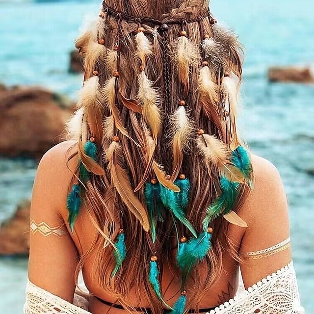  Cerchietto con piume boho, copricapo hippie, copricapo zingaro, costume indiano, accessori per capelli bohémien per donne e ragazze, blu e rosso.