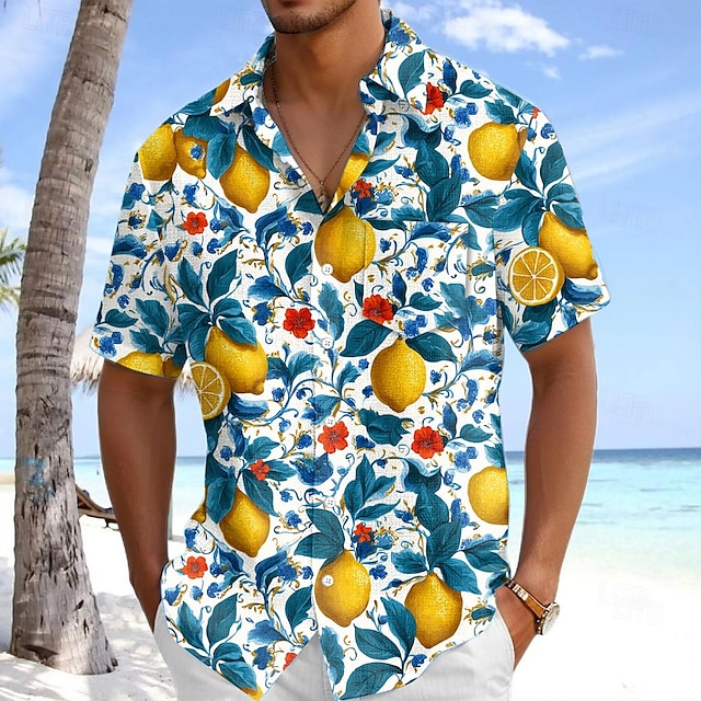  Hombre Fruta Limón Plantas tropicales camisa hawaiana Abotonar la camisa Manga Corta Camisa Cuello Vuelto Hawaiano Vacaciones Festivos Ropa de playa Azul Piscina Verde Oscuro Verde Trébol S M L
