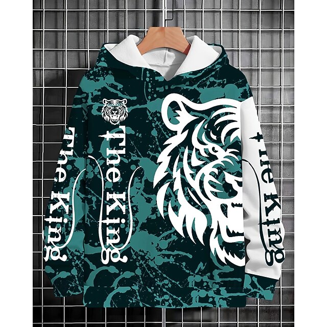  Pojkar 3D Tiger Huvtröja Långärmad Vår Höst Mode Streetwear Barn 4-12 år Huva Utomhus Ledigt Dagligen Normal