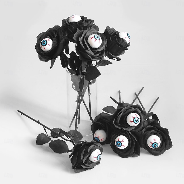  10 Bundles Halloween Eyeball Artificial Roses, Black Rose Stems with Eyeballs, Multicolor Halloween Floral Stems for Spooky Party Table Decor