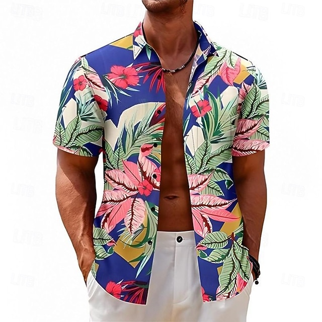  Herr Blommig Grafiska tryck Skjorta Hawaii skjorta Kort ärm Skjorta Nedvikt Utomhus Gata Svart Gul Rubinrött Marinblå Marinblå Mönster Kläder Mode Designer Ledigt Mjukt