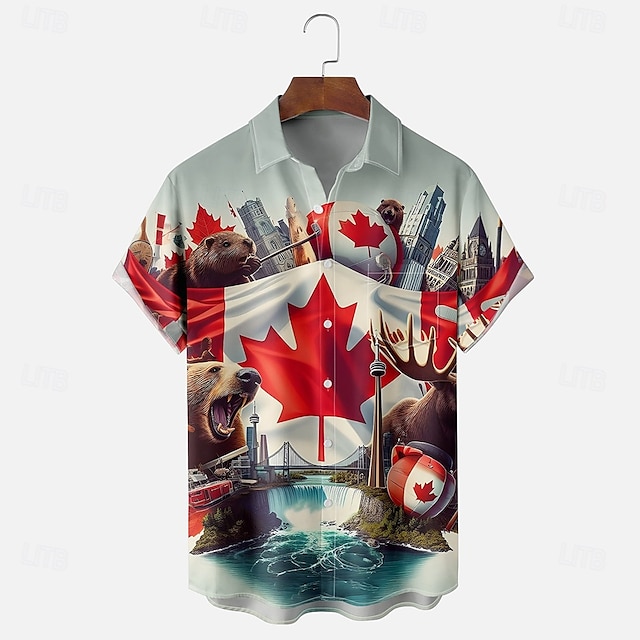  Canadadag Voor heren Vlag Esdoornblad Bever Overhemd Zomer overhemd Overhemd met knopen Korte mouw Mode-casual Feestdagen Zomer Lente Strijkijzer 3D-afdrukken shirts met kraag Voorste zak blauw