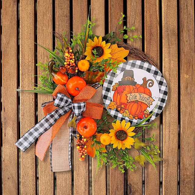  Ghirlanda autunnale per la porta d'ingresso, decorazione per interni ed esterni, cartello in legno, ghirlanda di piante artificiali, zucca e girasole, da appendere alla porta.