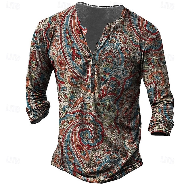  Voor heren T-shirt Henley-shirt T-shirts Grafisch Tribal Henley Geel Rood blauw 3D-afdrukken Grote maten Buiten Dagelijks Lange mouw Button-omlaag Afdrukken Kleding Ontwerper Stijlvol Vintage Basic