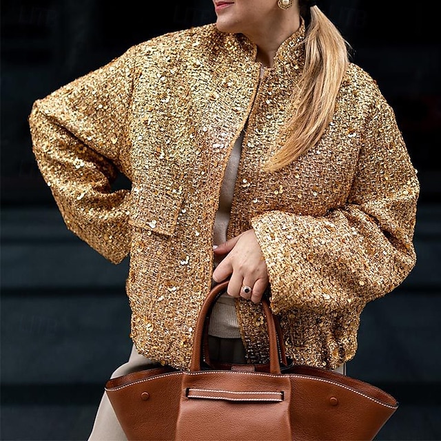  Mujer Abrigo de invierno Cómodo Bolsillo Lentejuela Moda Plano Exterior Noche Botonadura Simple Regular Escote Chino Ajuste regular Manga Larga Ropa de calle Negro Dorado Otoño Invierno