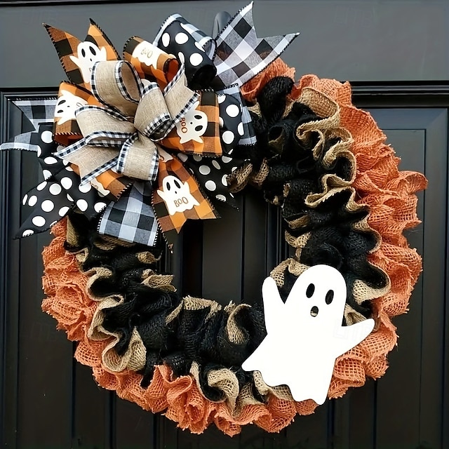  Halloween Wreath for Front Door, Cute Ghost BOO Burlap Bow Grapevine Wreath, Spooky Halloween Festival Hanging Decor