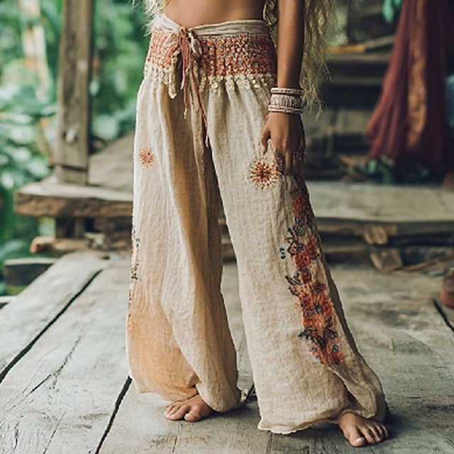  Per donna Pantaloni Pantaloni Palazzo Moda Boho Lunghezza intera Vita Alta Floreale Elastico in vita Comodo Confortevole Micro-elastico Streetwear Abbigliamento quotidiano Uscire Cachi Estate