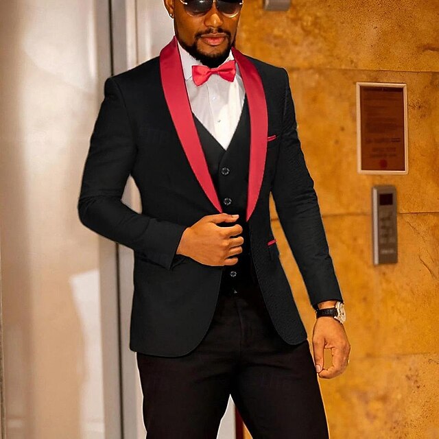 Men's Wedding Party Tuxedos Shawl Lapel Red Fashion Formal Solid Colored Standard Fit 3 Piece Single Breasted One-button4