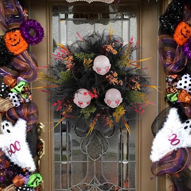  Halloween-krans til inngangsdør innendørs utendørs dekorasjon, krans av nettinghodeskalle, skummel gotisk hodeskallehode dørhenger, rekvisitt til Halloween-festdekorasjon