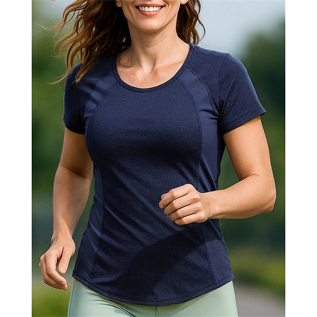  Damen Wanderhemd Wanderspitze Kurzarm Rundhalsausschnitt Oberteil Außen Atmungsaktiv Schnelltrocknend Feuchtigkeitsableitend Leicht Polyester Patchwork Schwarz Marinenblau Grau Tennis Golfspiel Laufen