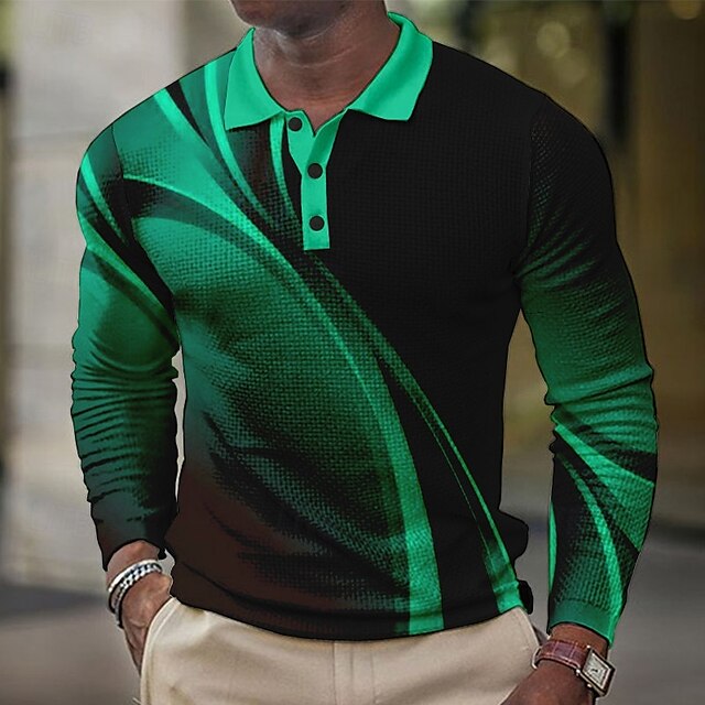  Herr Geometrisk Våffelpikétröjor Golftröja Långärmad Polotröjor Skjortor med krage Business Casual Semesterkläder Högtidskläder Festivalkläder Knappar 3D-utskrift Gul Ljusgrön Blå
