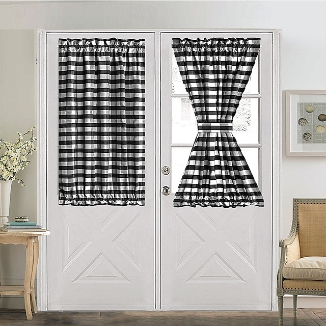  Franska dörrgardiner med stångficka gingham gardin för dörrar fönster draperier dörrgardinpaneler med glasfönster köks- och altandörrar för avskildhet