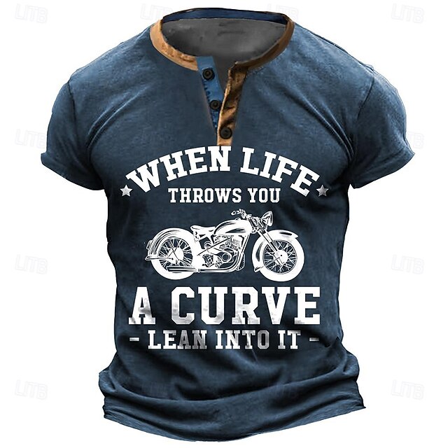 Men's Henley Neck Short Sleeve T-Shirt, Motorcycle Graphic Tee with "When Life Throws You A Curve - Lean Into It" Lifestyle Quote Casual Top 7