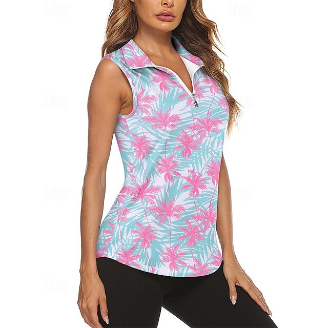 Women's Graphic Tree Tropical Sport Shirt Golf Polo Shirt Tennis Shirt Sleeveless Zipper High Elasticity Moisture Wicking Breathable Tennis Golf Pickleball Turndown Zip Collar Shirt Top Blue Tennis3