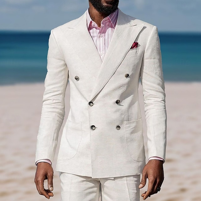  Men's Wedding Casual Suits White Summer Beach Suits Fashion Daily Solid Colored Standard Fit 2 Piece Double Breasted Six-buttons