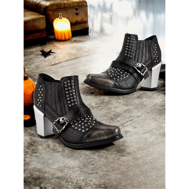  Zwarte gothic enkellaarsjes voor dames uit de jaren 80 met schedelgesp en studs, punklaarsjes met dikke hak voor Halloweenfeesten en avondjes uit