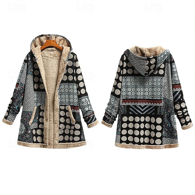  Women's Fleece Jacket Coat Hoodie Jacket Warm Comfortable Zipper Pocket Fashion Modern Casual Geometric Going out Weekend Zipper Regular Hooded Regular Fit Long Sleeve Outerwear Black Red Winter