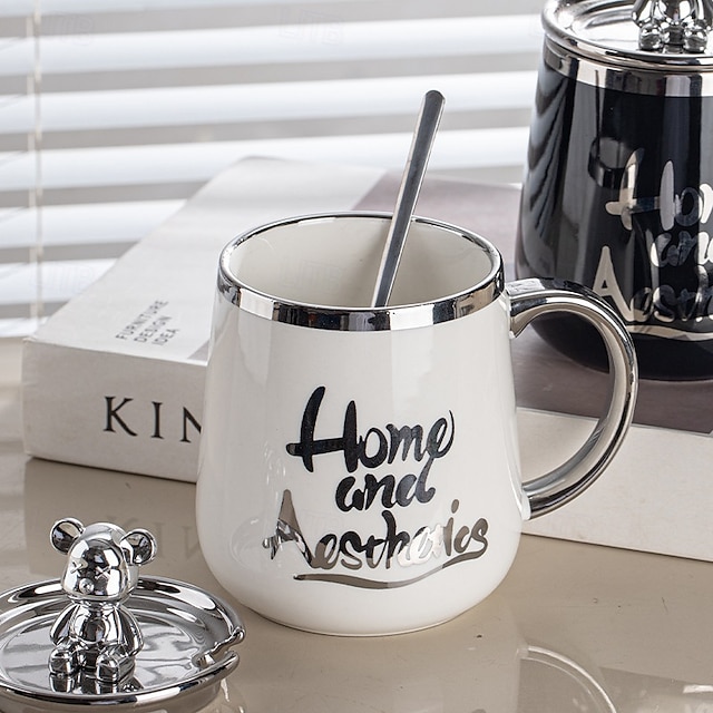  Tasse à café en céramique avec couvercle et cuillère, jolies tasses pour couple au bureau ou à la maison, tasse à thé pour le petit-déjeuner pour hommes et femmes