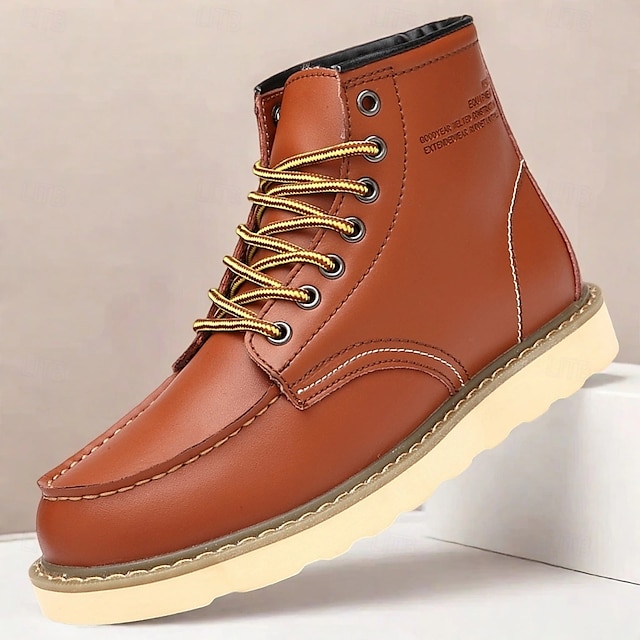  Men's Brown Lace-up Work Boots with Contrast Stitching and Cushioned Sole, Classic Casual Style for Outdoor Work, Hiking and Daily Wear