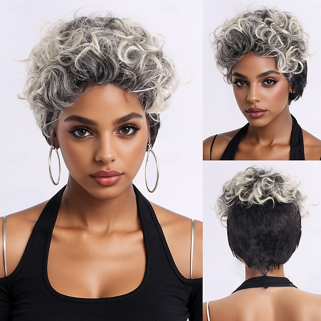  Perucas sintéticas Encaracolado Afro Prumo Com Franjas Fabrico à Máquina Peruca 10 polegadas A1 Cabelo Sintético Mulheres Clássico Confortável Cores Gradiente Multi Cores