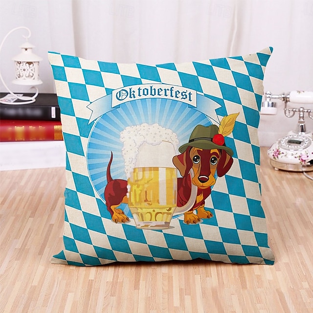  Oktoberfest Dachshund Bavorské Dekorativní Polštáře na Házecí 1PC Měkký Čtvercový Polštář na Pohovku Německý Návrh Piva Bílo-modrý Károvaný