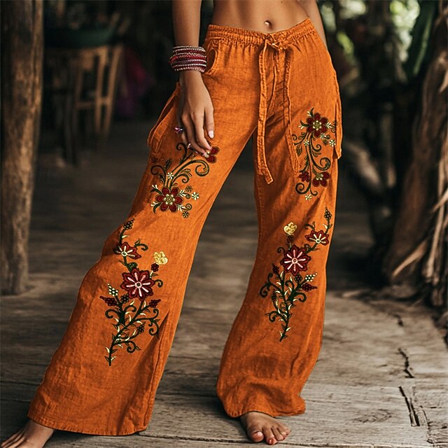 Women's Pants Trousers Palazzo Pants Fashion Streetwear Comfort Full Length High Waist Floral Elastic Waist Comfy Outdoor Comfortable Street Daily Wear Going out Orange Summer Regular Fit2