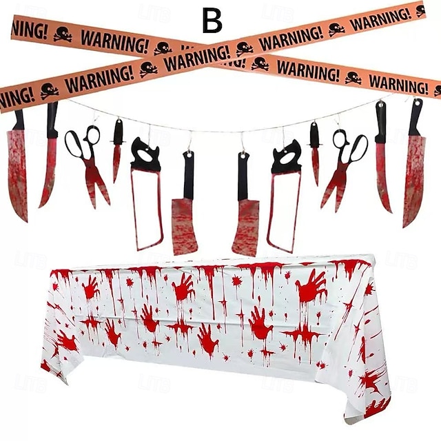  Juego de decoración de huellas de sangre de Halloween que incluye adhesivos para ventanas, pancarta de cuchillo de sangre y mantel de PVC, perfecto para Halloween, casas embrujadas y decoración de