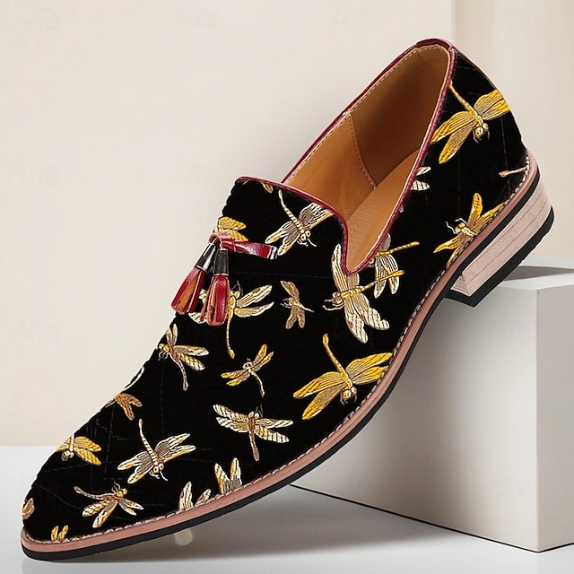  Svarta herrloafers i jacquard med trollsländebroderi, perfekta för kvällssammankomster, bröllop och semiformella tillfällen