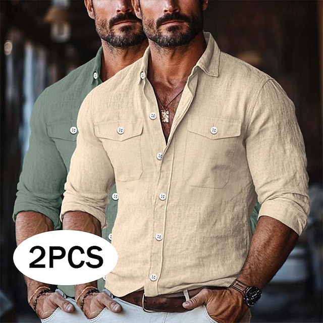  Herren Hemd Leinenhemd Sommerhemd Knopfhemd Cargohemd Einfarbig Urlaub Straße Weiß + Grün Weiß + Khaki Grün+Khaki Blau+Khaki Langarm Umlegekragen Bekleidung Tasche