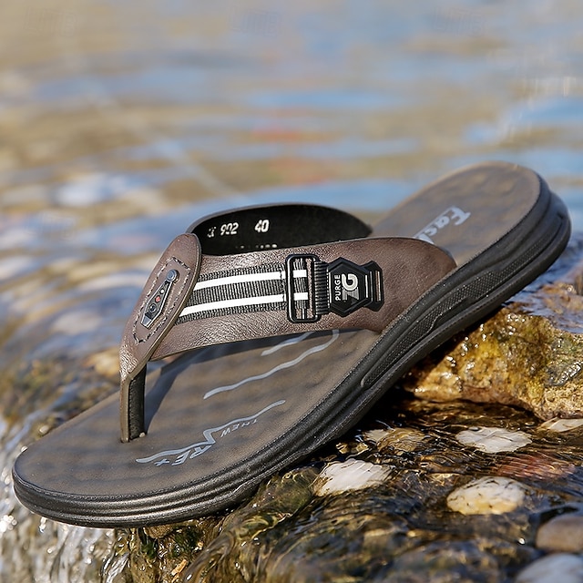  Sandale bărbătești din piele ecologică cu curea contrastantă, șlapi antiderapanți pentru vacanțe la plajă, relaxare la piscină și plimbări de vară