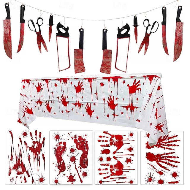  Ensemble de décoration d'empreintes de main de sang d'Halloween comprenant des autocollants de fenêtre, une bannière de couteau de sang et une nappe en PVC, parfait pour la décoration d'Halloween, de