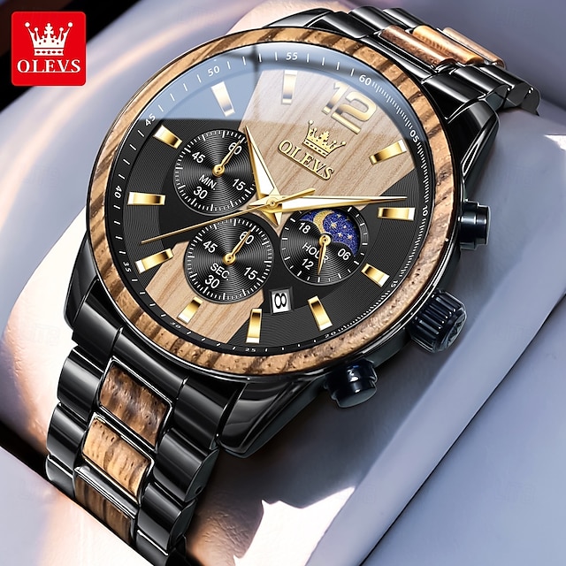  OLEVS 3645 orologio da uomo, orologio al quarzo originale di alta marca, cronografo multifunzionale in legno massello, orologio con fasi lunari