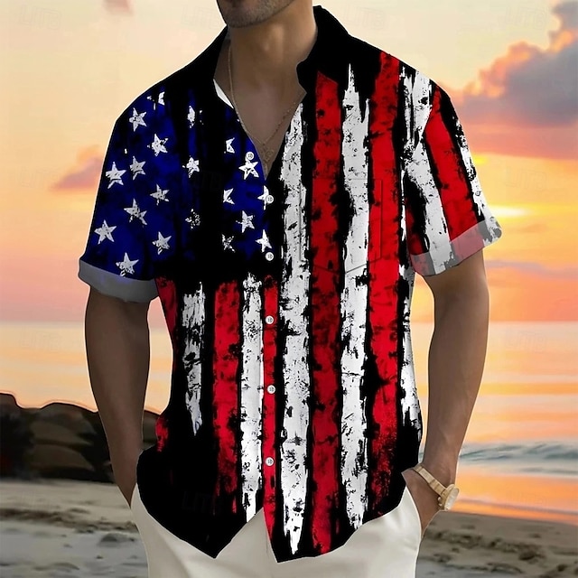  Independence Day Voor heren Amerikaanse Amerikaanse vlag Vaderlandslievend Vierde juli Overhemd Zomer overhemd Overhemd met knopen Korte mouw Mode-casual Feestdagen Zomer Lente Strijkijzer