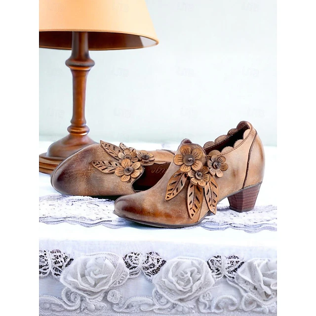 Women's Vintage Brown Premium Cowhide Leather Ankle Boots with Floral Embellishments – Retro Style for Fall and Winter 12