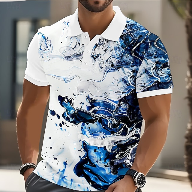  Herren Marmor Polo Kurzarm Polo-Shirts Hemden mit Kragen Lässig Athleisure Knöpfe Sommer Blau Purpur Grün
