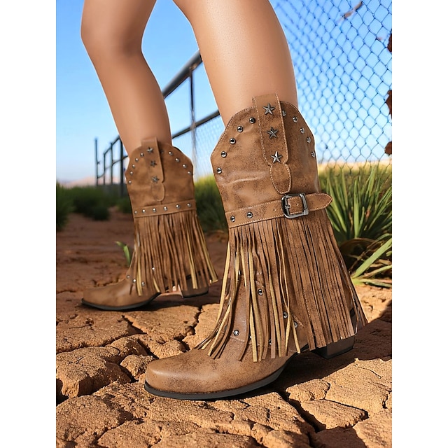  Botas de cowboy femininas com franjas estilo western - botas de cano médio em camurça sintética bege com tachas de estrelas e fivela para rodeio, shows country ou festivais de outono
