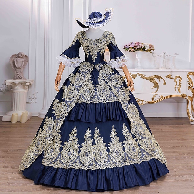  Vintage Rokoko Renaissance Maxi Kleid Normal Ein Hauch Prinzessin Braut Plissiert Gerüscht Prinzessin Rundhals Kostüm Damen Halloween Karneval Maskerade Leistung Party Halloween Erwachsene Ganzjahres