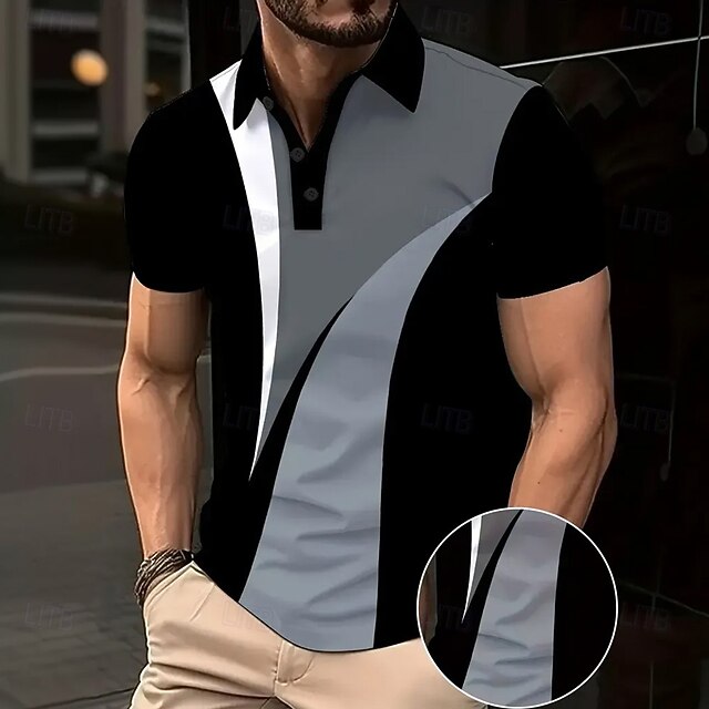 Men's Geometic Line Polo Short Sleeve Polo Shirts Collared Shirts Business Casual School Outdoor Athleisure Daily Wear 3D Print Summer Spring Fall Black4